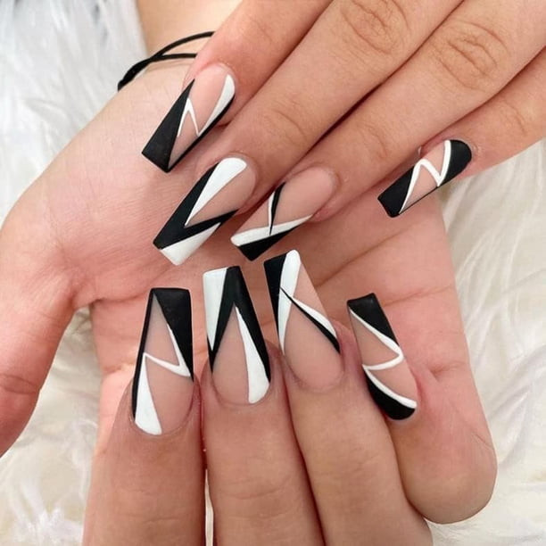 Geometric Black White Birthday Coffin Nails — Birthday Nails Coffin 2027