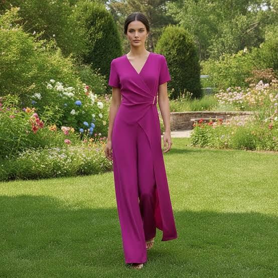 Fuchsia Crepe Jumpsuit with Ruffled Overlay for Daytime Events Fuchsia Crepe Jumpsuit with Ruffled Overlay for Daytime Events — Jumpsuit Outfits 2027