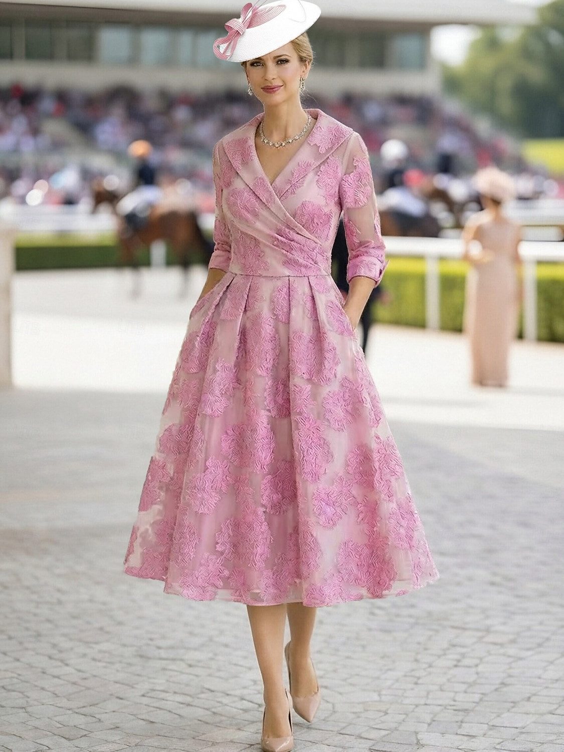 Pink Lace Wrap Dress with Wide-Brimmed Hat Pink Lace Wrap Dress with Wide-Brimmed Hat — Wedding Guest Outfits Cocktail 2027