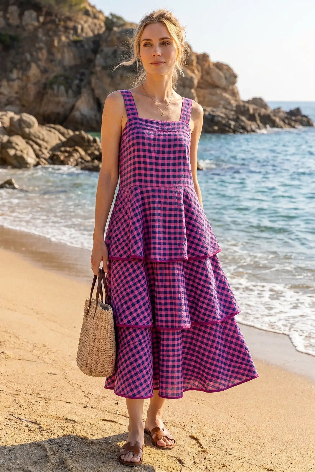 Pink and Blue Gingham Tiered Midi Dress for Beach Days Pink and Blue Gingham Tiered Midi Dress for Beach Days — Tiered Dresses 2027