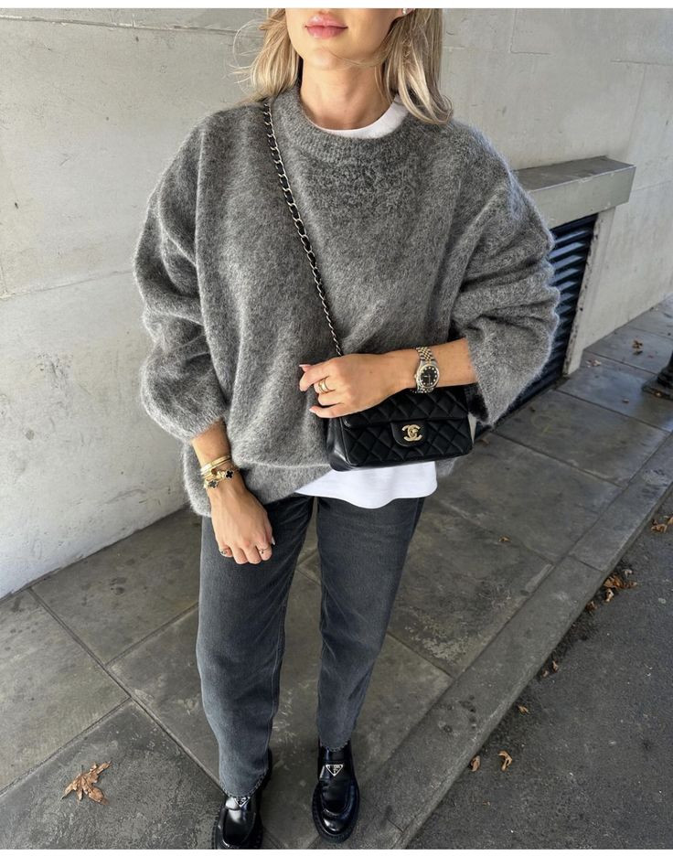 Grey Textured Oversized Sweater with Loafers Grey Textured Oversized Sweater with Loafers — Oversized Sweater Outfits 2027