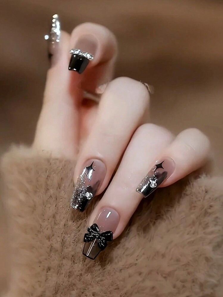 Sheer Nude Black Bow Glitter Coffin Nails Sheer Nude Black Bow Glitter Coffin Nails — Short Bow Nails 2027