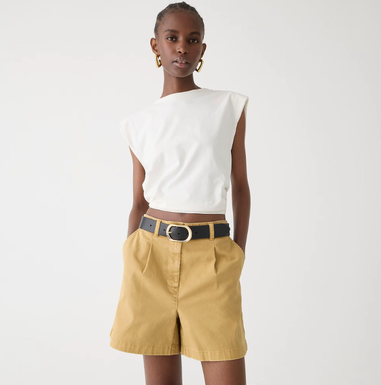 Mustard Yellow Shorts with White Sleeveless Top and Black Belt Mustard Yellow Shorts with White Sleeveless Top and Black Belt — Linen Shorts Outfits 2027