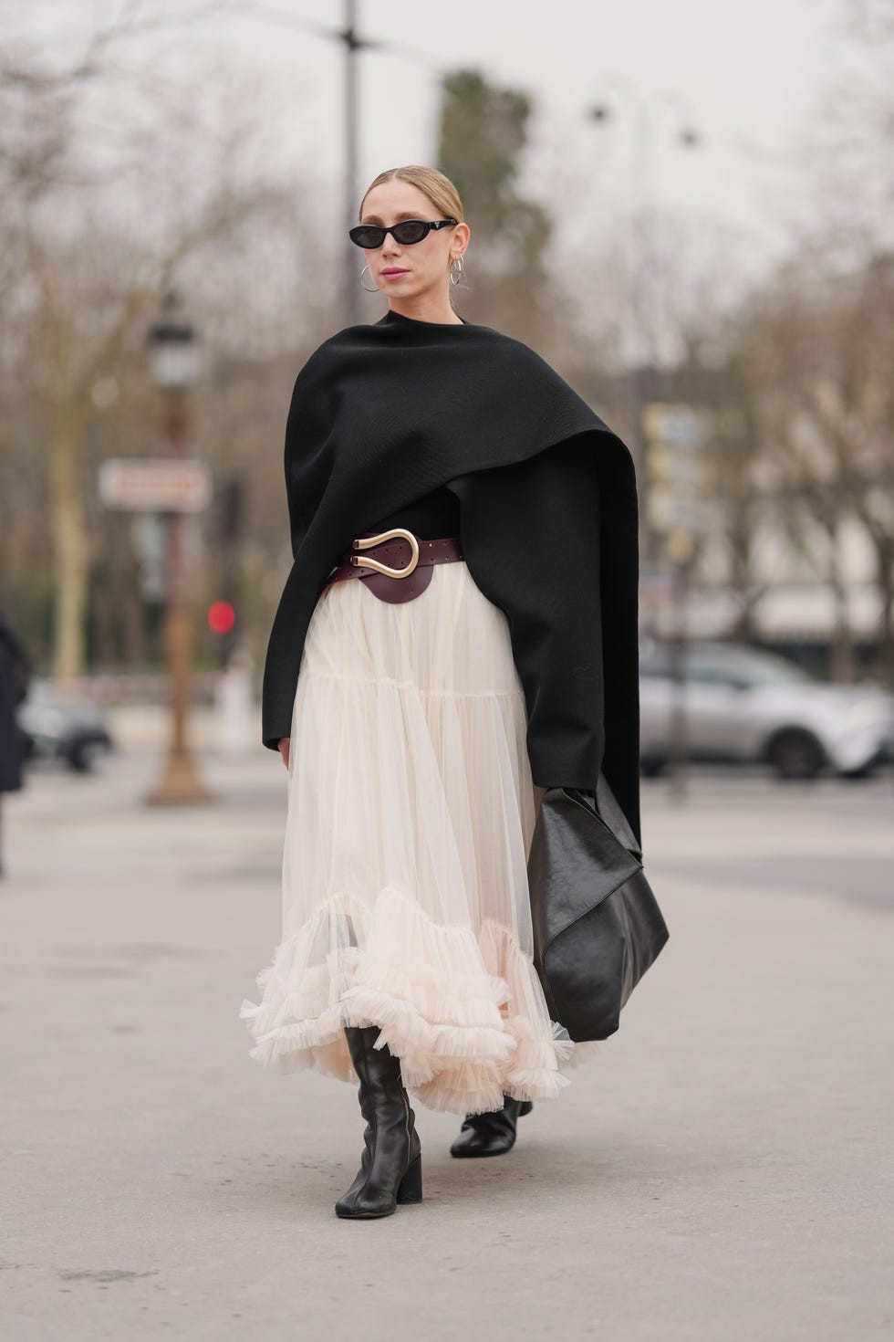 Cream Tiered Tulle Skirt and Black Cape Top with Block Heel Boots Cream Tiered Tulle Skirt and Black Cape Top with Block Heel Boots — Knee High Boots Outfits 2027