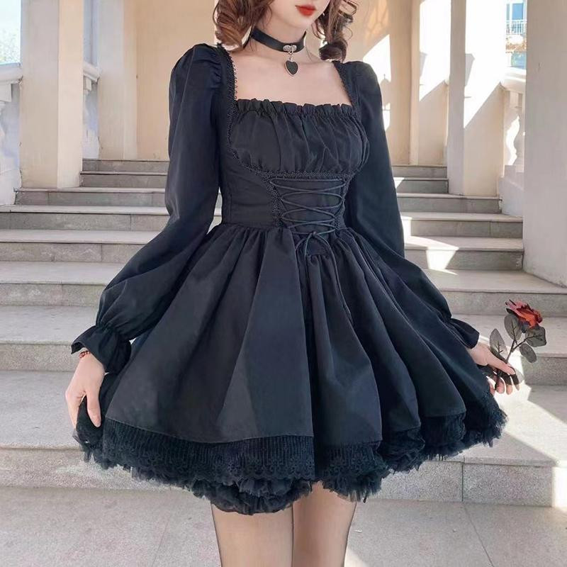 Lolita Charm: High-Waist Dress with Puff Sleeves and Heart Choker Lolita Charm: High-Waist Dress with Puff Sleeves and Heart Choker — Gothic Romantic Outfits 2027