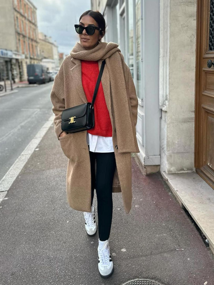 Cozy Layers: Black Leggings with Red Sweater and Beige Coat Cozy Layers: Black Leggings with Red Sweater and Beige Coat — Flare Leggings Outfits 2027