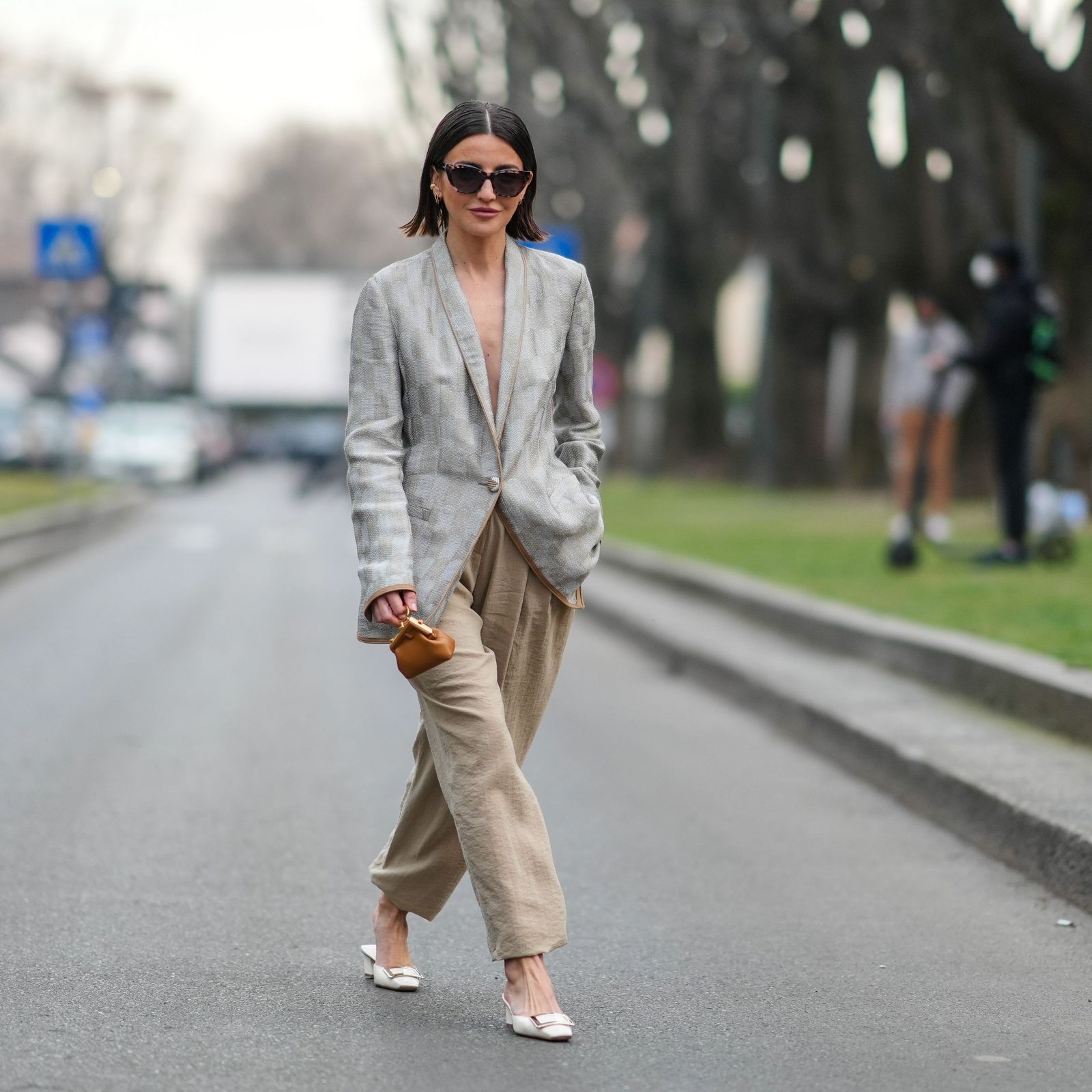 Grey Check Oversized Blazer with Beige Wide-Leg Trousers Grey Check Oversized Blazer with Beige Wide-Leg Trousers — Wedding Guest Outfits 2027