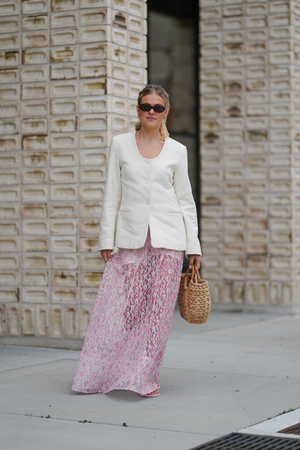 White Linen Blazer with Pink Lace Maxi Skirt White Linen Blazer with Pink Lace Maxi Skirt — Easter Church Outfits 2027