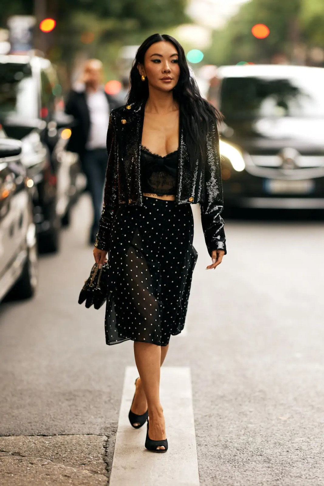 Glamorous Sequined Jacket Over Lace and Sheer Skirt Glamorous Sequined Jacket Over Lace and Sheer Skirt — Spring Europe Outfits 2027