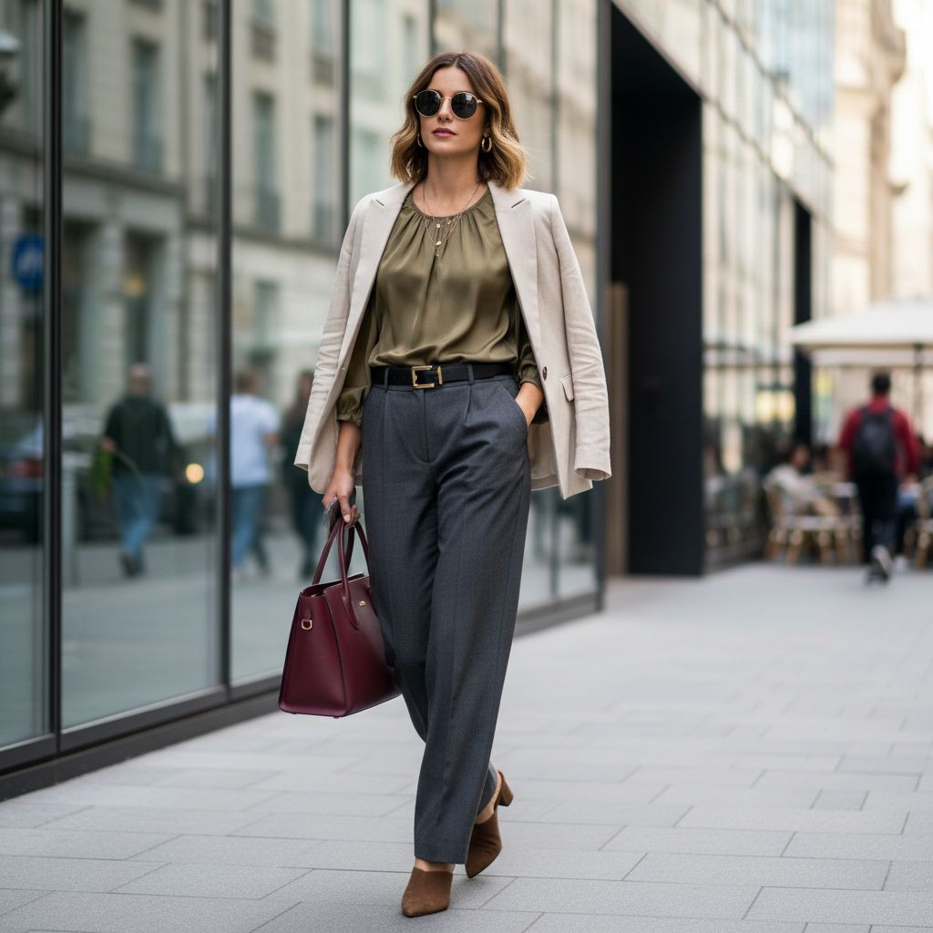 Draped Linen Blazer Over Satin Blouse and Wide-Leg Trousers Draped Linen Blazer Over Satin Blouse and Wide-Leg Trousers — Presentation Outfits 2027