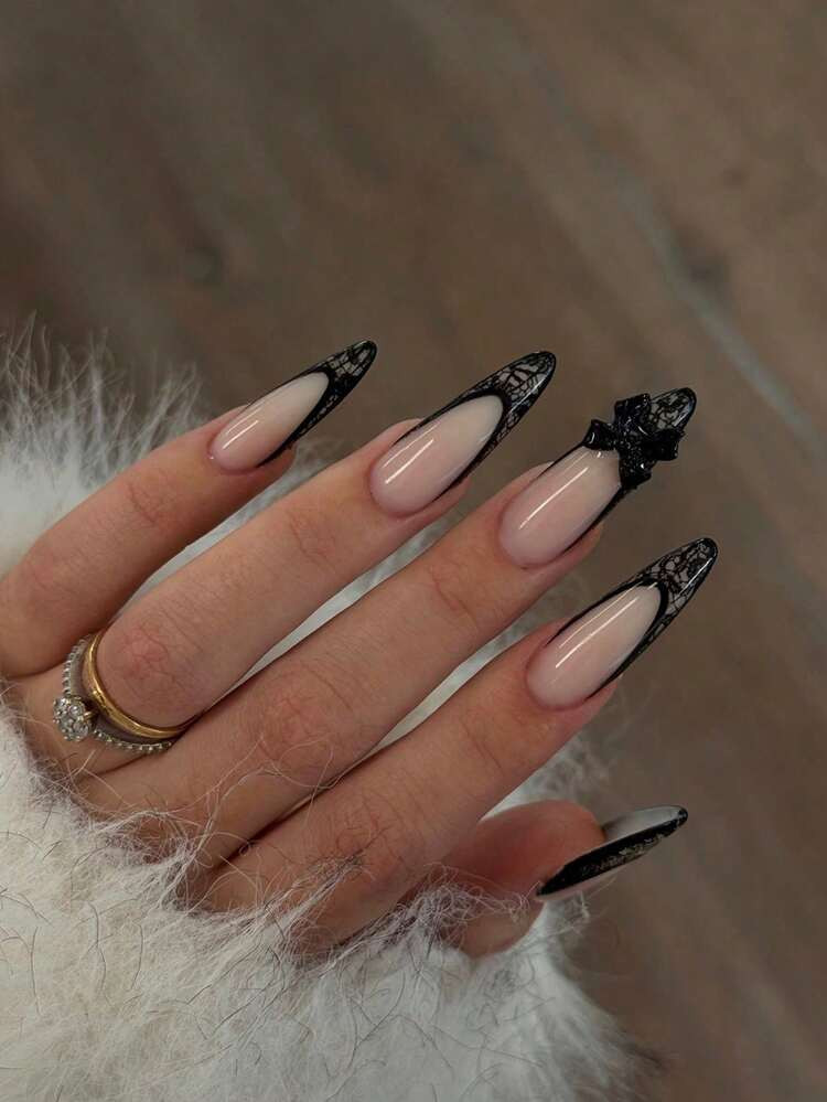 Nude Lace French Stilettos with 3D Black Bow Nude Lace French Stilettos with 3D Black Bow — Bow Stiletto Nails 2027