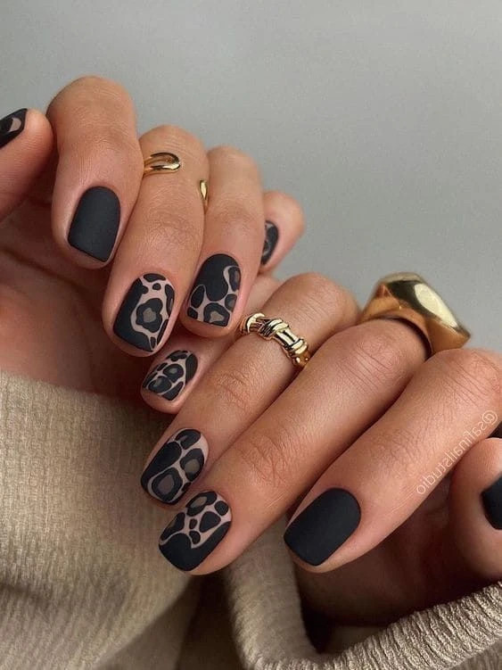 Matte Black Nails With Beige Leopard Accents Matte Black Nails With Beige Leopard Accents — Leopard Print Nails 2027