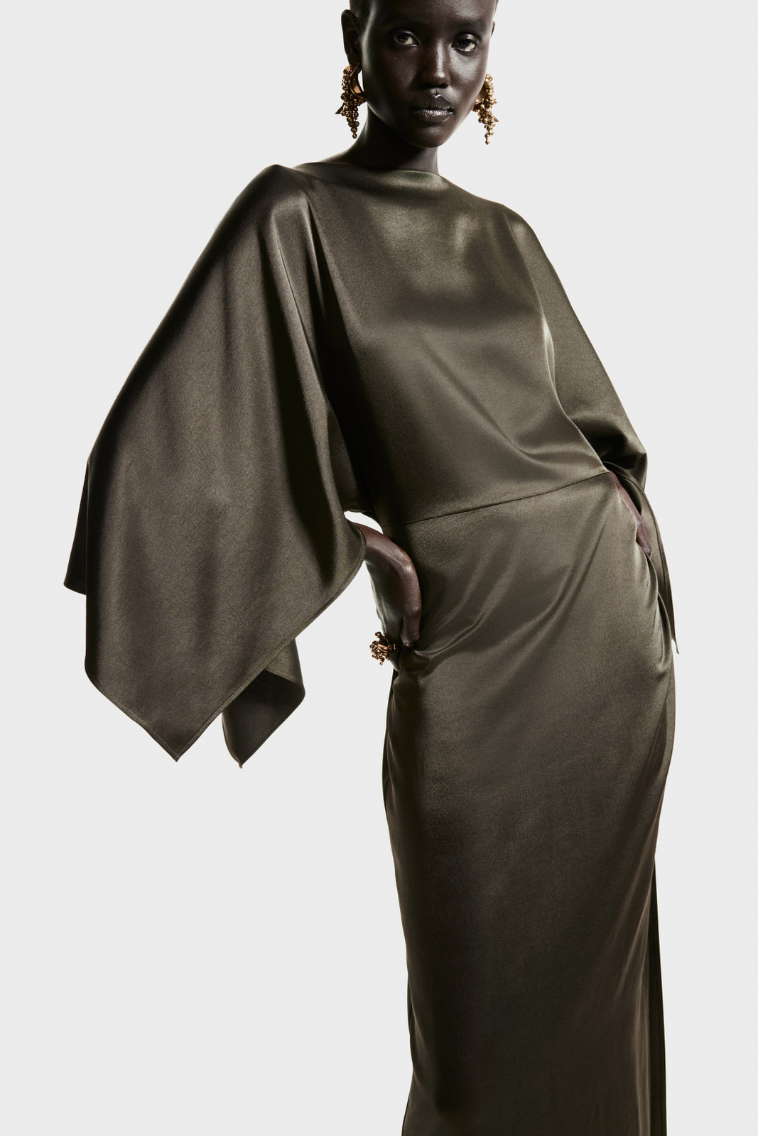 Dramatic Statement: Dark Green Satin Dress with Cape Sleeves Dramatic Statement: Dark Green Satin Dress with Cape Sleeves — Satin Dresses 2027
