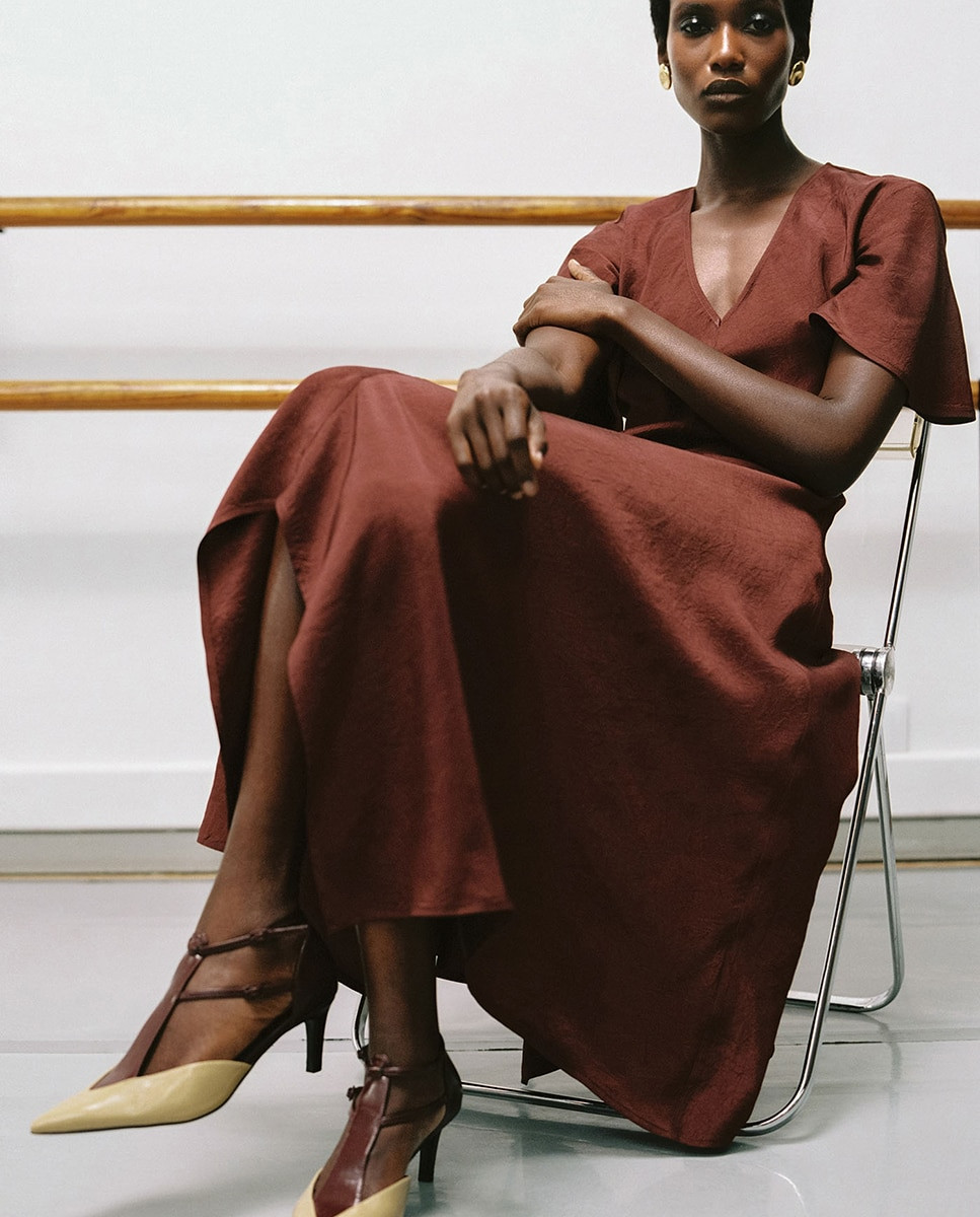 Rust Linen Blend A-Line Midi Dress with Two-Tone Heels — Cotillion Outfits 2027