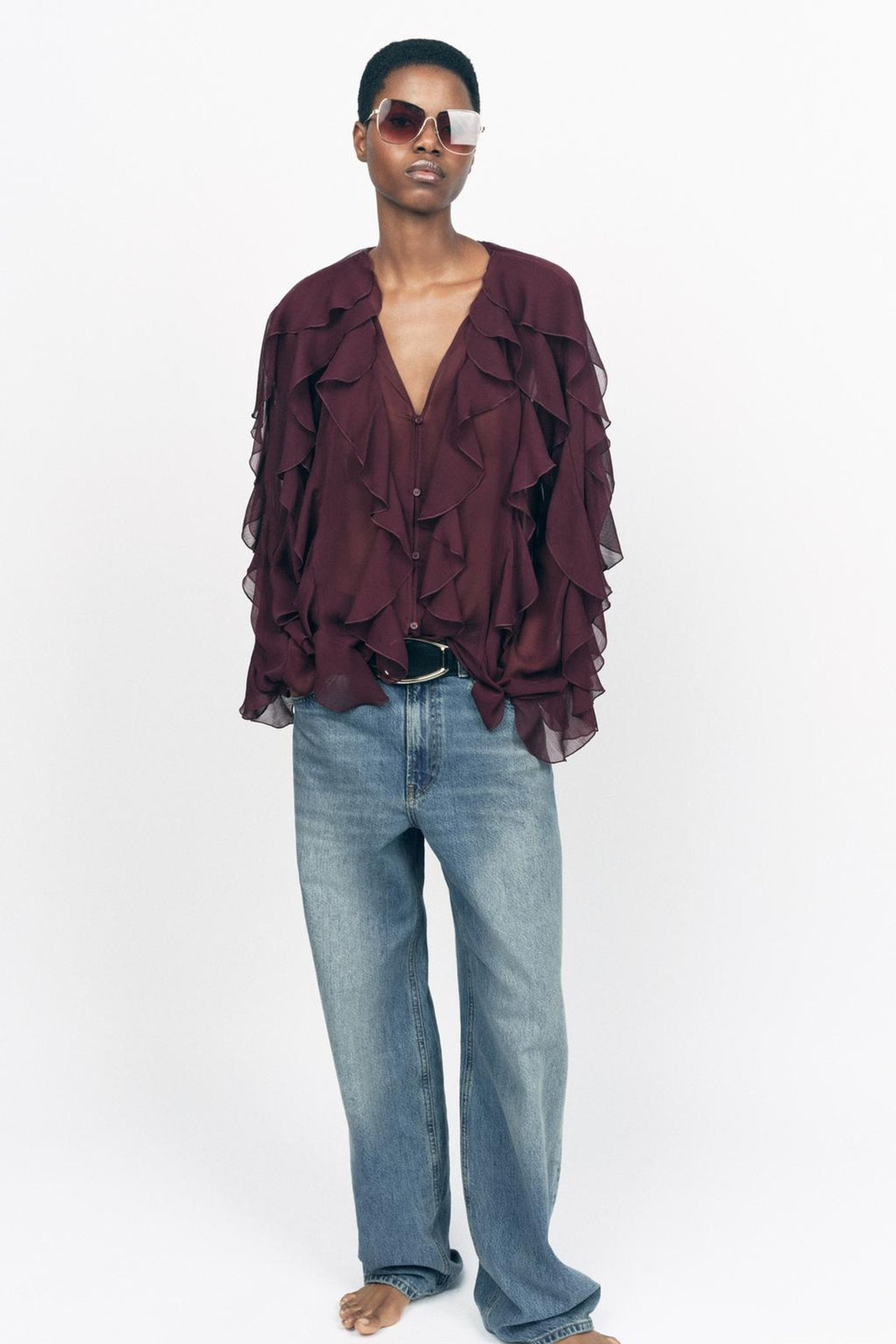 Burgundy Sheer Ruffle Blouse and Relaxed Jeans for a Casual Vibe Burgundy Sheer Ruffle Blouse and Relaxed Jeans for a Casual Vibe — Ruffle Top Outfits 2027