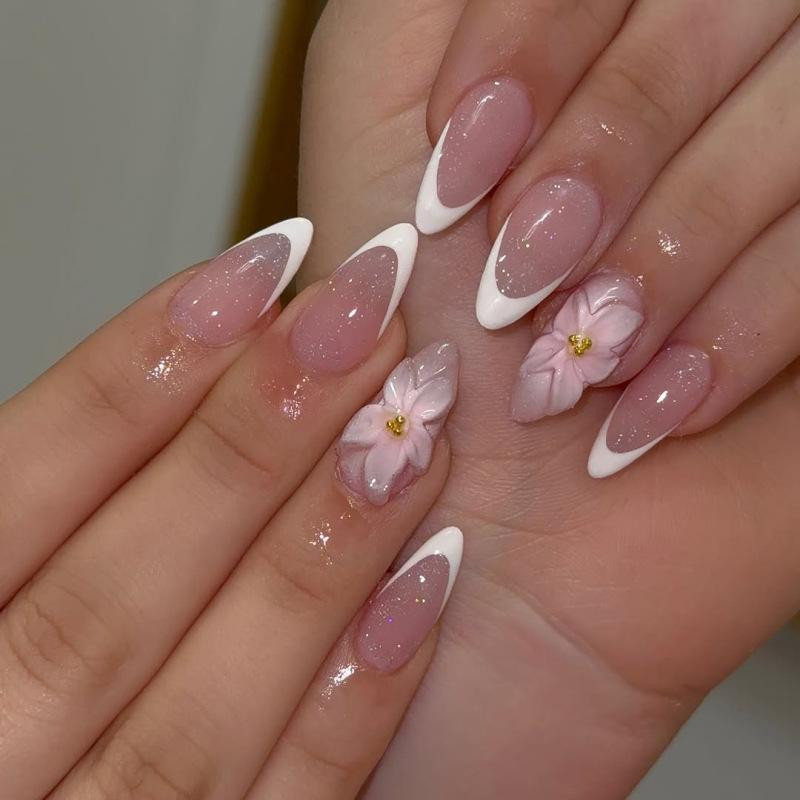 Glossy Medium Pink French with 3D Flowers Glossy Medium Pink French with 3D Flowers — Almond Press On Nails 2027