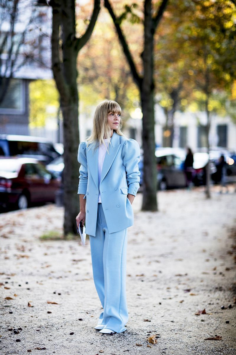 Light Blue Oversized Suit with White T-Shirt and Sneakers — French Girl Outfits 2027