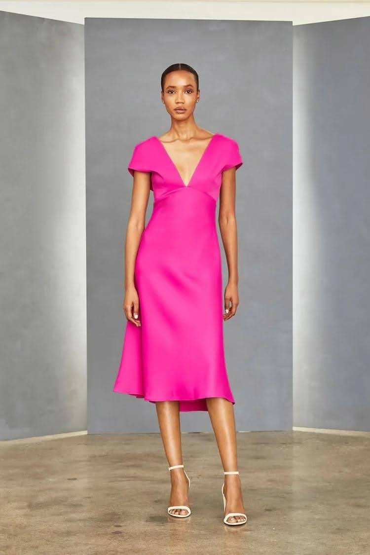 Bright Pink Fit-and-Flare Midi Dress with Ankle-Strap Sandals — Cocktail Party Outfits 2027