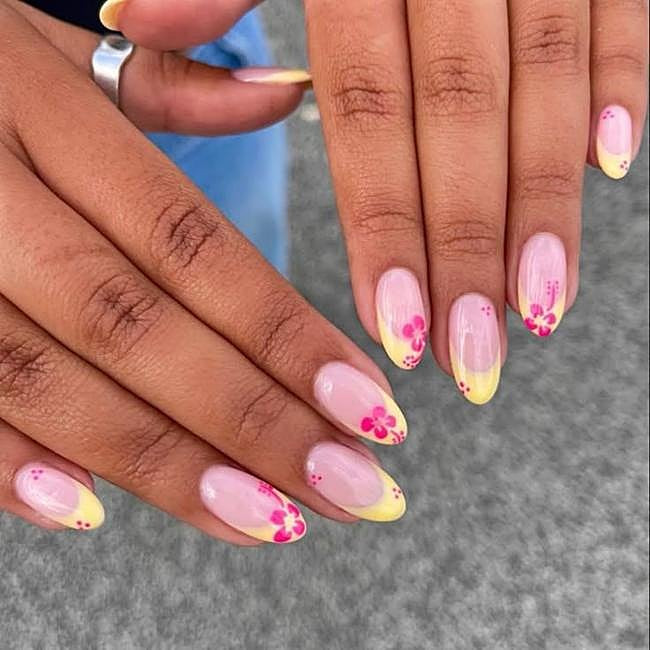 Yellow French with Pink Florals Yellow French with Pink Florals — Hawaii Nails 2027
