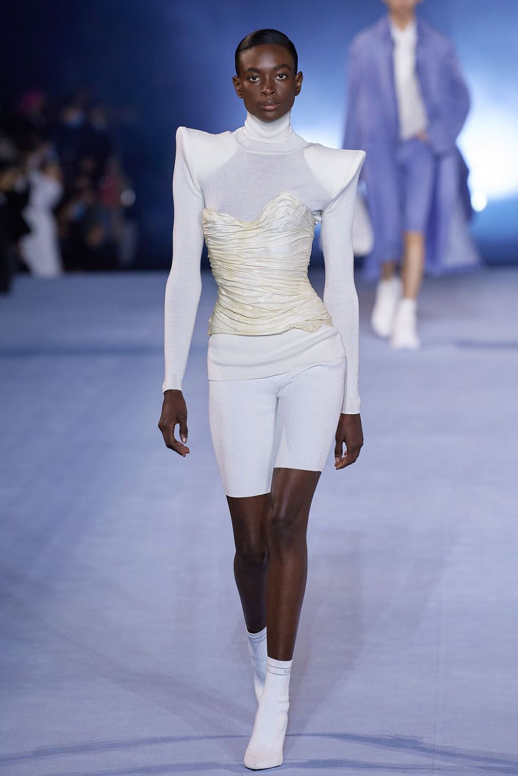 Monochromatic Texture: White Biker Shorts with Corset Top — Biker Shorts Outfits 2027