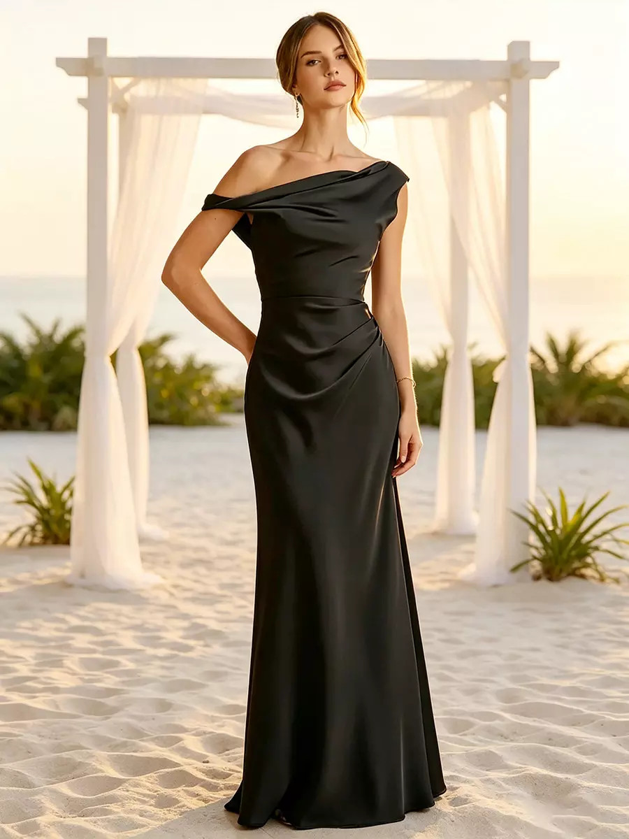 Floor-Length Burgundy Satin Dress with Fitted Silhouette — Satin Bridesmaid Dresses 2027