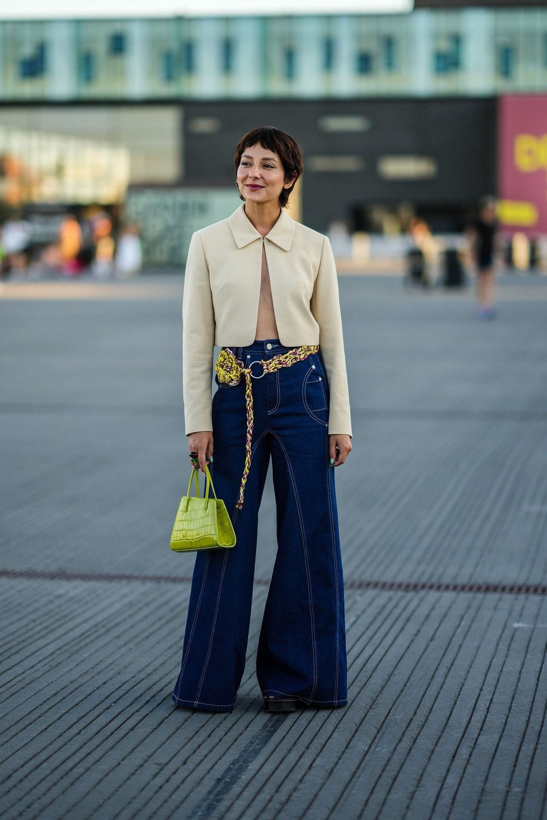 Statement Accessories: Lime Green Bag and Belt with Wide-Leg Jeans — Wide Leg Jeans Outfits 2027