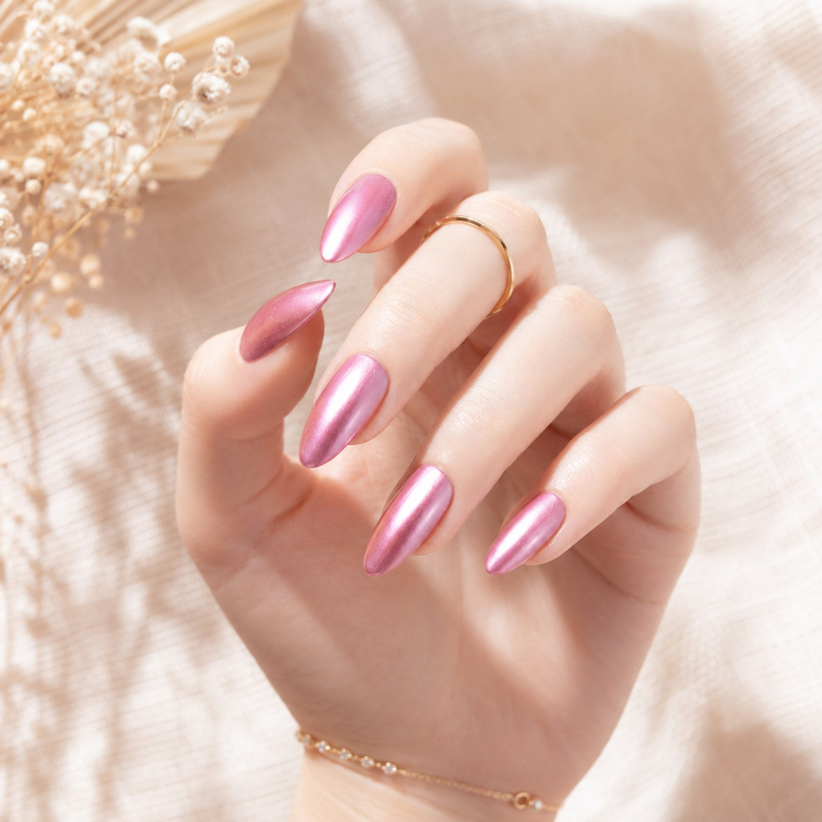 Metallic Rose Pink Chrome Almond Nails — Pink Chrome Nails 2027