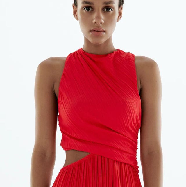 Red Sleeveless Pleated Dress with Waist Cut-Out Red Sleeveless Pleated Dress with Waist Cut-Out — Pleated Dress 2027