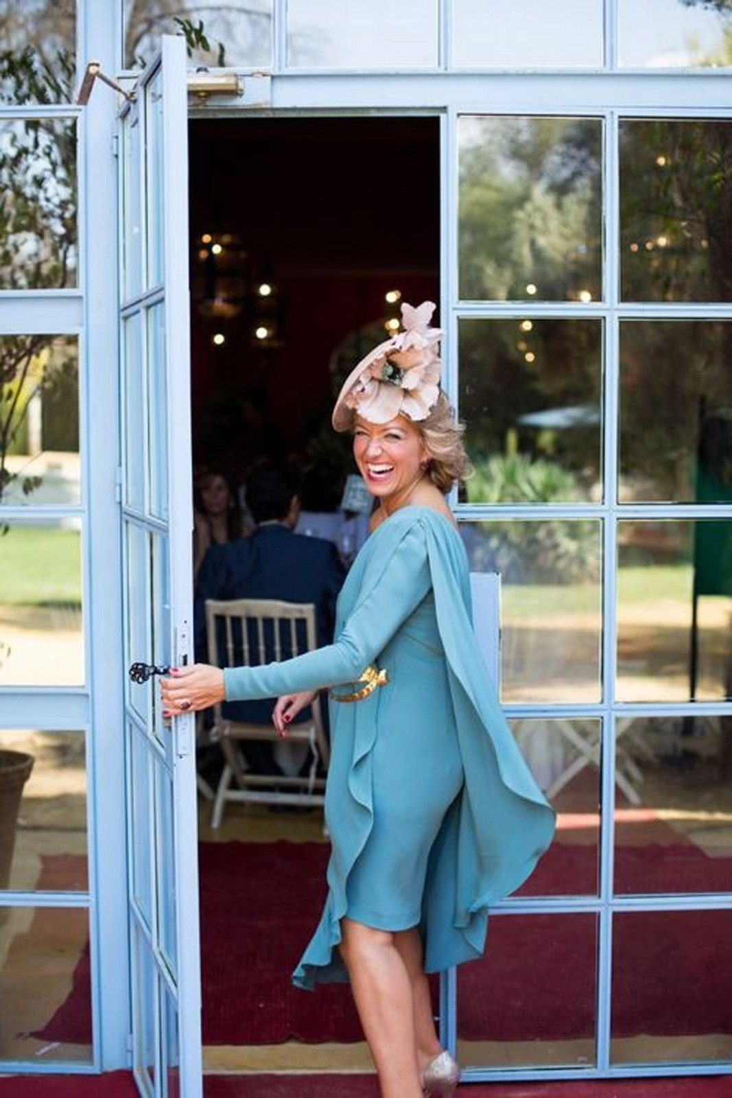 Elegant Teal Dress with Cape-Like Sleeves and Dramatic Hat Elegant Teal Dress with Cape-Like Sleeves and Dramatic Hat — Mothers Day Church Outfits 2027