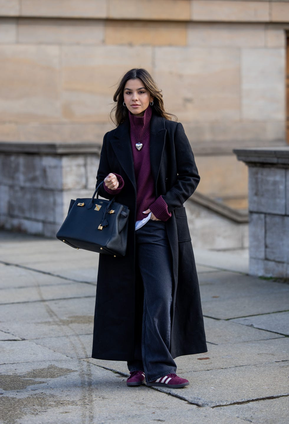 Long Black Coat Over Burgundy Turtleneck and Wide-Leg Jeans Long Black Coat Over Burgundy Turtleneck and Wide-Leg Jeans — Winter Casual Outfits 2027