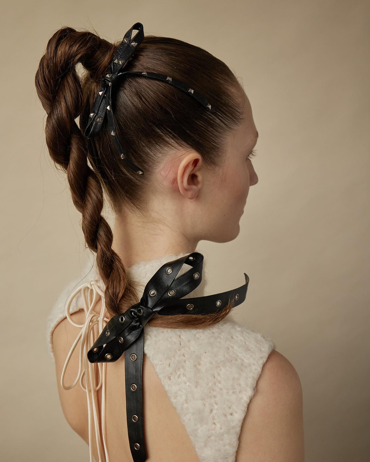 Twisted Braid with Studded Leather Bows — Ribbon Hairstyles 2027