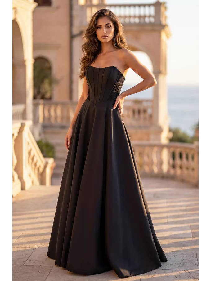 Black Satin Corset Ballgown with Voluminous A-Line Skirt Black Satin Corset Ballgown with Voluminous A-Line Skirt — Corset Prom Dresses 2027