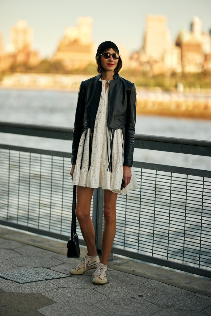 Leather Jacket and Broderie Anglaise Dress with Neutral Sneakers Leather Jacket and Broderie Anglaise Dress with Neutral Sneakers — Spring Outfits 2027 with Sneakers