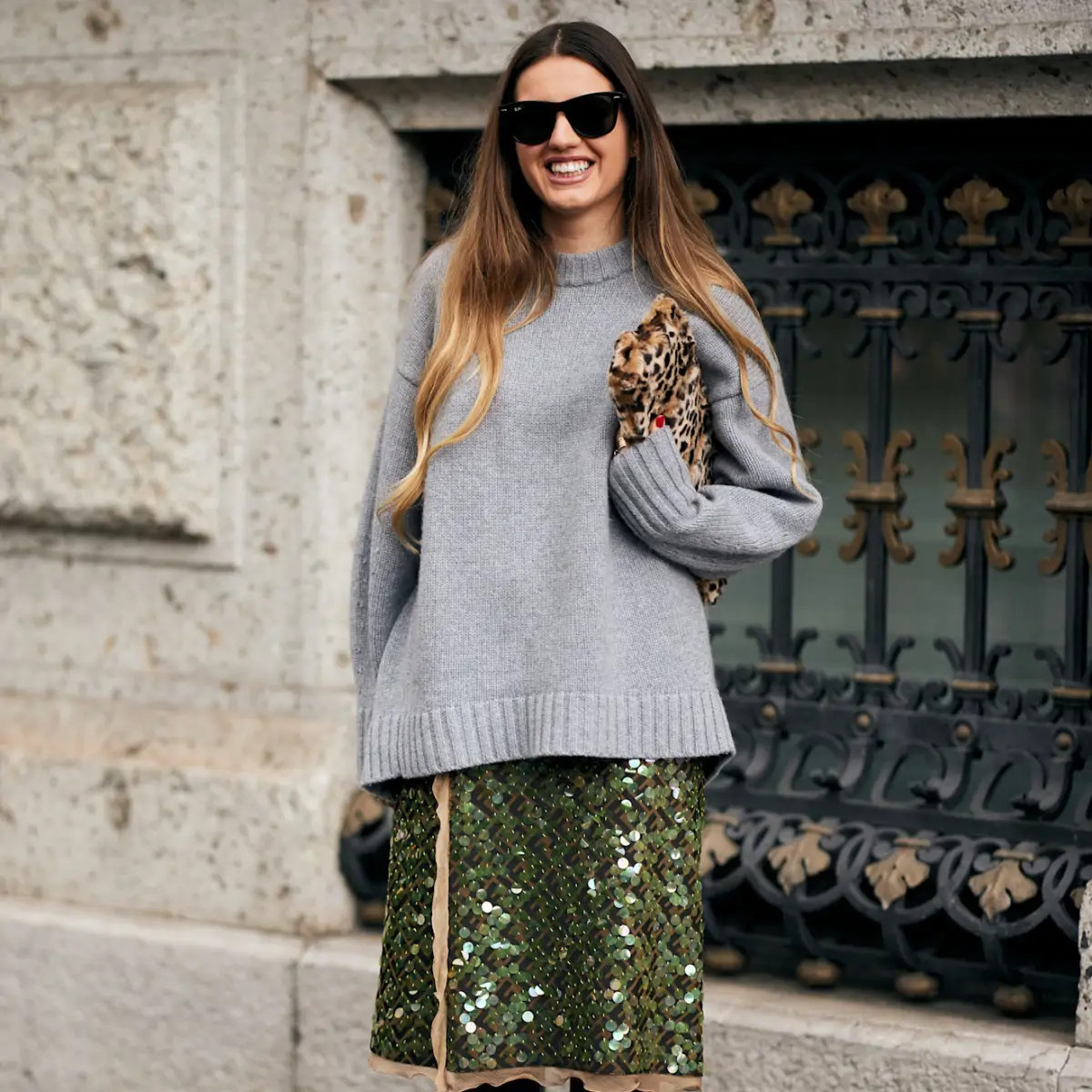 Grey Oversized Sweater with Green Sequin Skirt Grey Oversized Sweater with Green Sequin Skirt — Oversized Sweater Outfits 2027