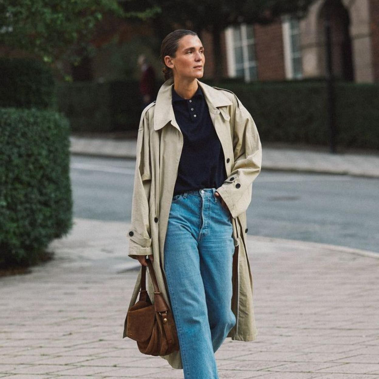 Beige Trench Coat Over Navy Polo Shirt Beige Trench Coat Over Navy Polo Shirt — Winter Navy Outfits 2027