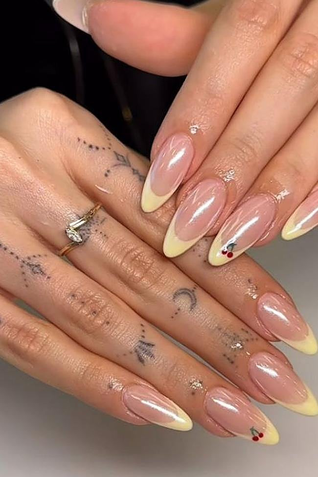 Pearlescent Pink Almonds with Cherry Art — Nail Designs 2027