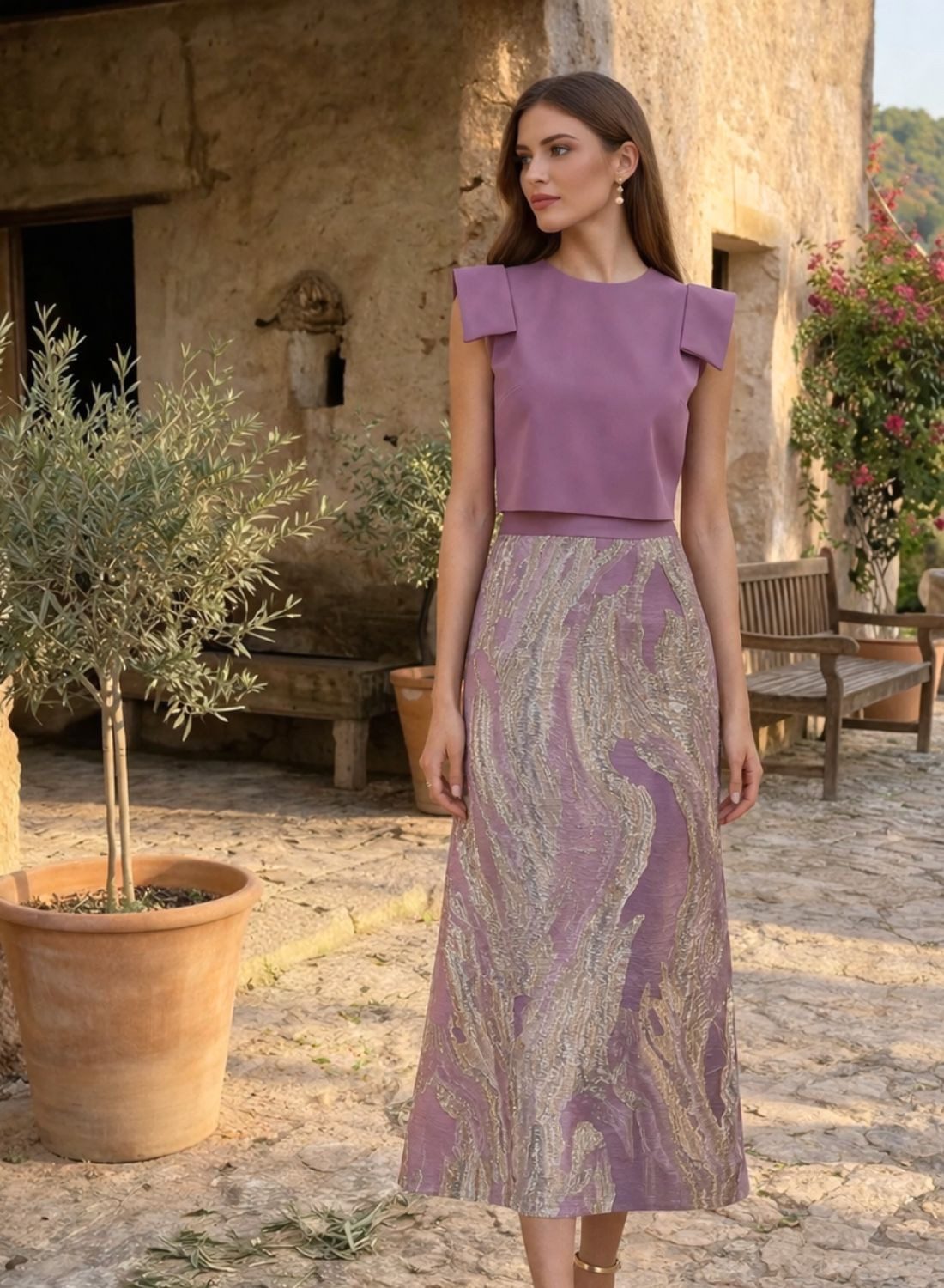 Lilac Brocade Two-Piece Set for a Formal Event Lilac Brocade Two-Piece Set for a Formal Event — Wedding Guest Outfits Cocktail 2027