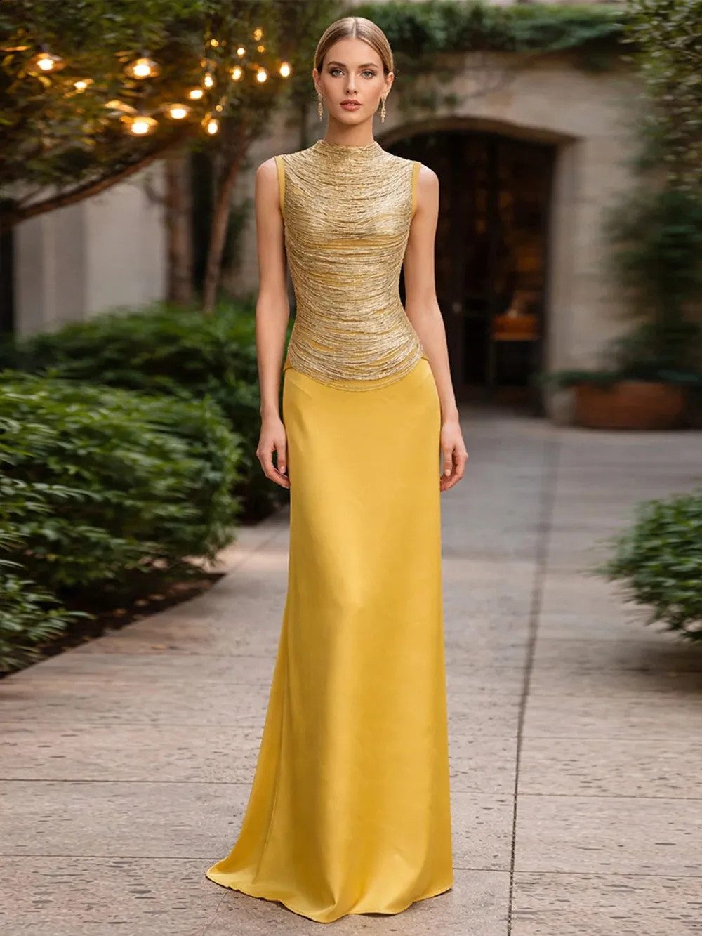 Metallic Textured Top with Yellow Satin Skirt Two-Piece Outfit — Cocktail Party Outfits 2027
