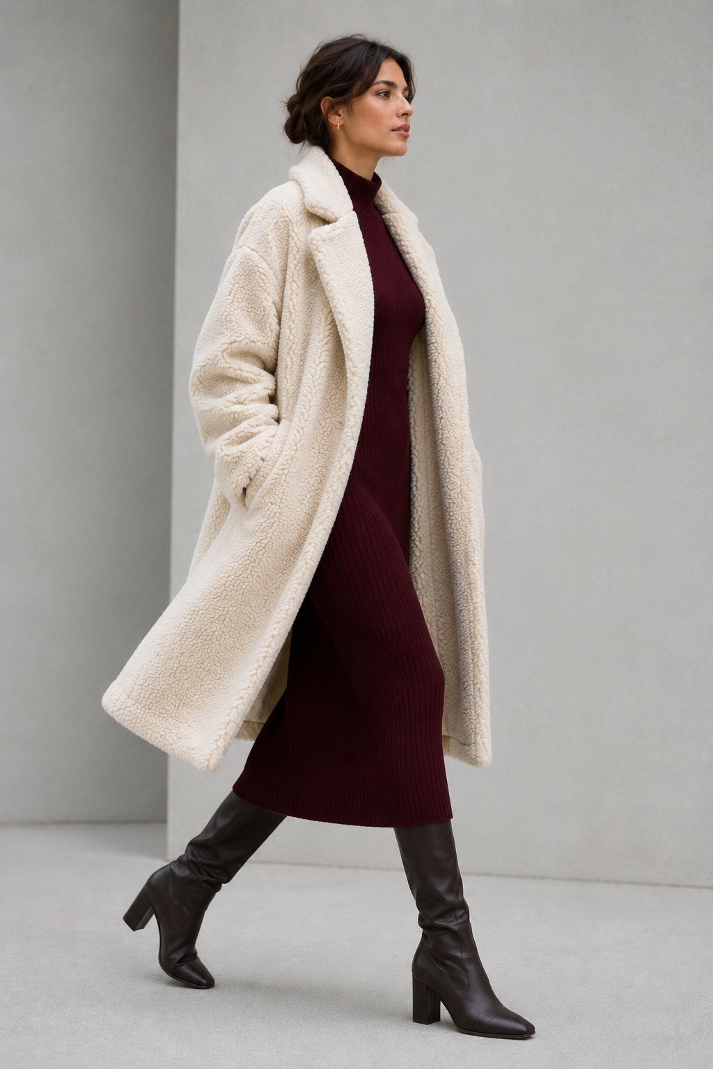 Cream Teddy Coat Over Burgundy Dress for Smart Casual Chic — Teddy Coat Outfits 2027