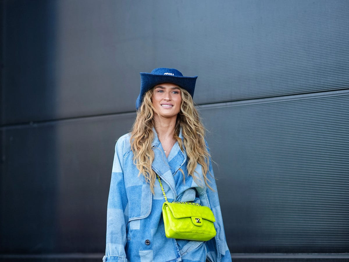 Oversized Denim Jacket with Neon Handbag — Summer Country Concert Outfits 2027
