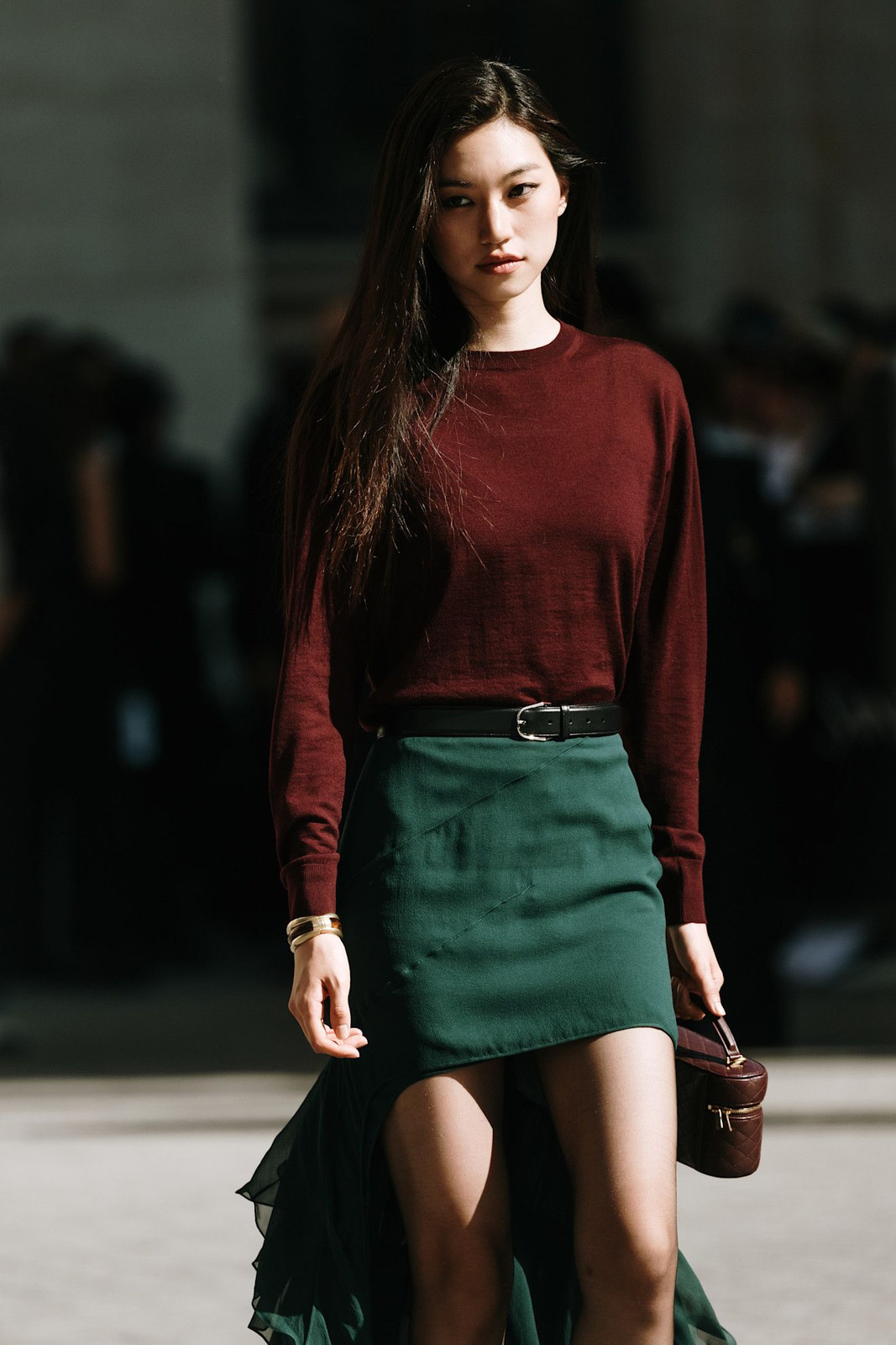 Forest Green Asymmetric Skirt with Burgundy Top Forest Green Asymmetric Skirt with Burgundy Top — Forest Green Outfits 2027