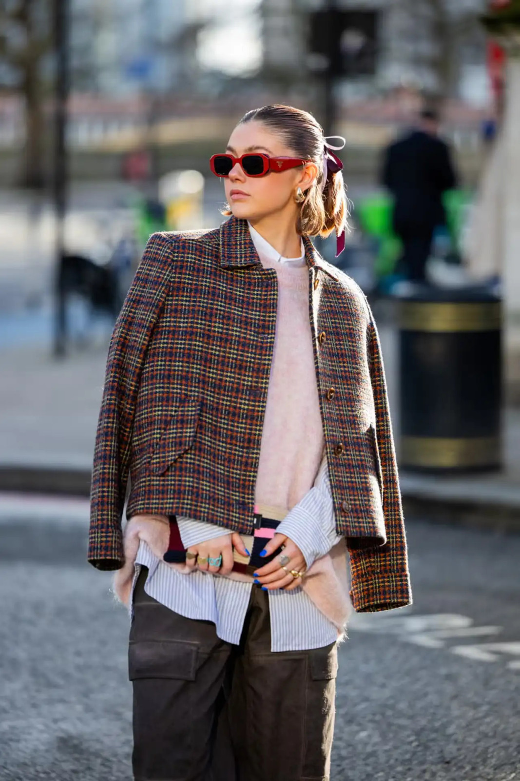 Plaid Jacket Layered Over Pink Sweater and Cargo Trousers Plaid Jacket Layered Over Pink Sweater and Cargo Trousers — Winter Casual Outfits 2027