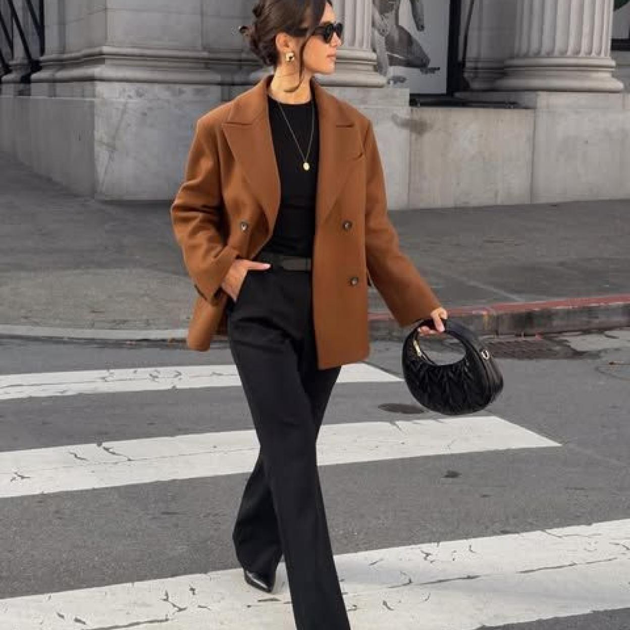 Brown Double-Breasted Blazer with Wide-Leg Trousers and Black Top Brown Double-Breasted Blazer with Wide-Leg Trousers and Black Top — Winter Neutral Outfits 2027