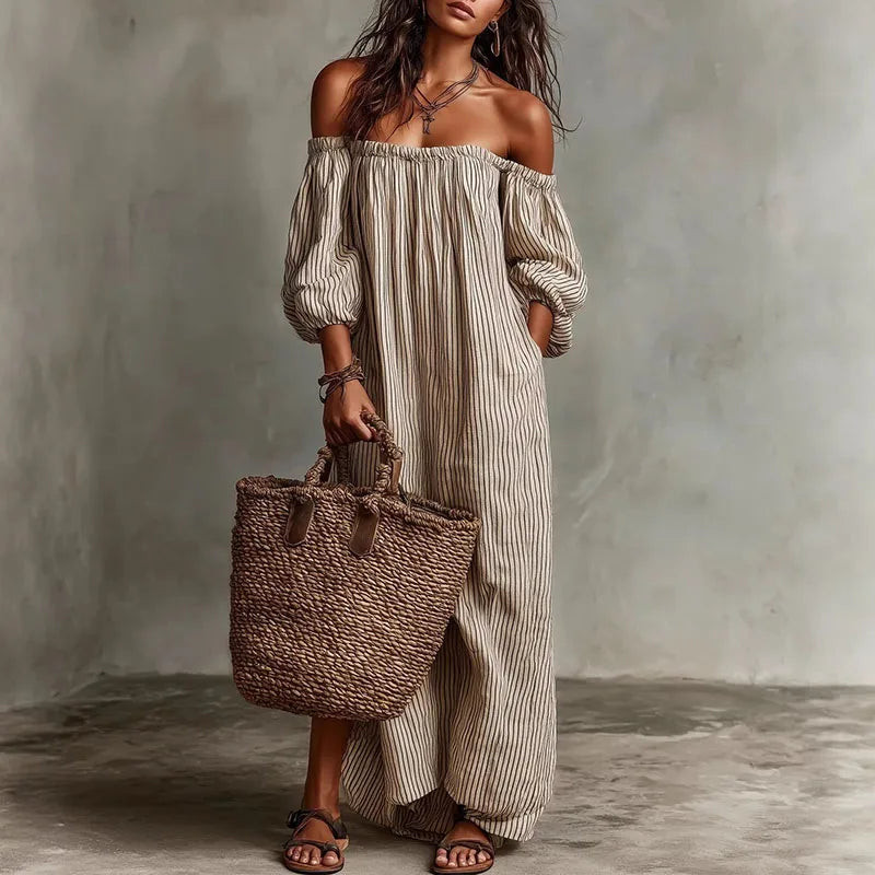 Casual Beige and Brown Striped Off-the-Shoulder Maxi Dress Casual Beige and Brown Striped Off-the-Shoulder Maxi Dress — Off the Shoulder Dresses 2027