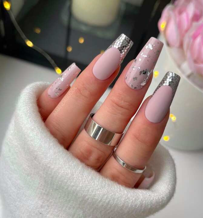 Matte Pale Pink French Foil Flake Birthday Nails — Birthday Nails Coffin 2027