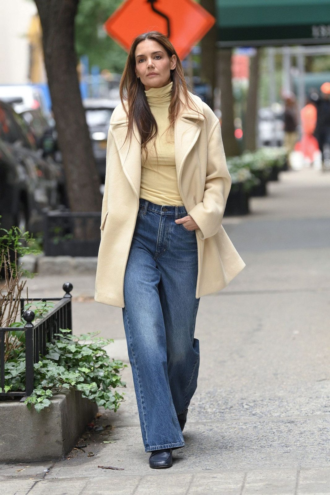 Cozy Cream Coat and Yellow Turtleneck with Blue Wide-Leg Jeans — Wide Leg Jeans Outfits 2027