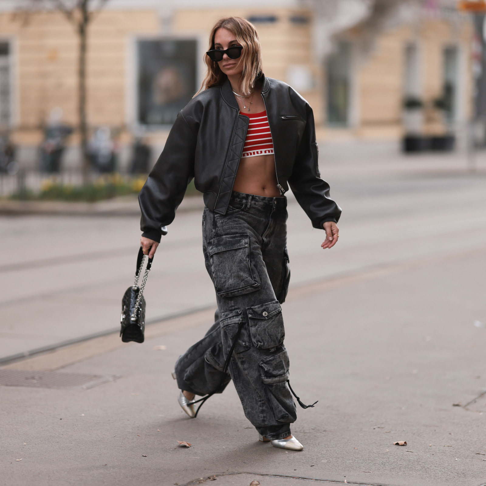 Edgy Acid Wash Denim Cargos with Leather Bomber Edgy Acid Wash Denim Cargos with Leather Bomber — Cargo Pants 2027
