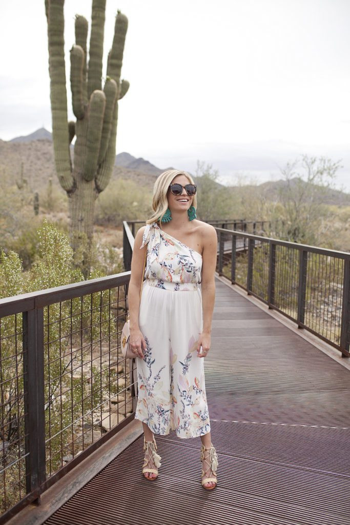 One-Shoulder Culotte Jumpsuit with Turquoise Tassel Earrings — Scottsdale Outfits 2027