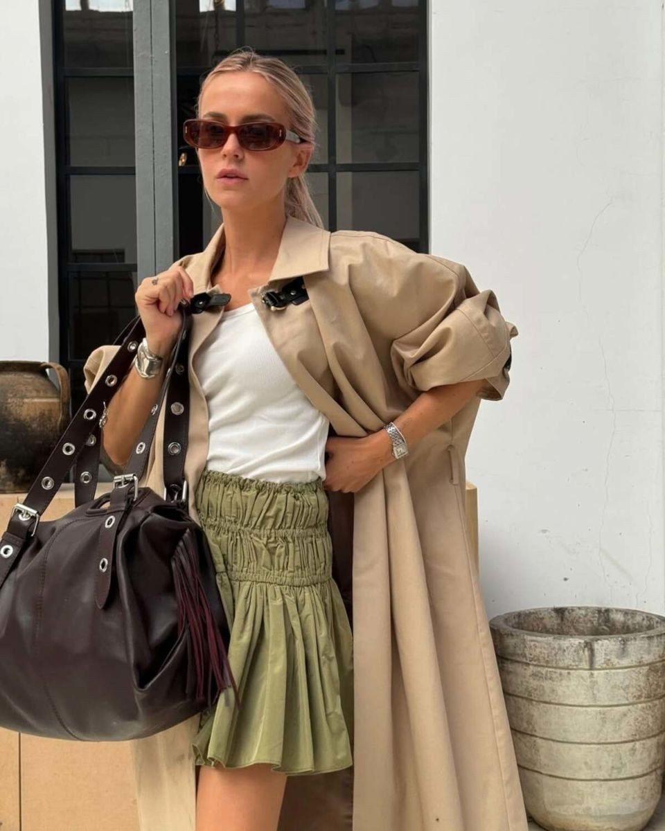 Trench Coat with Ruched Mini Skirt Trench Coat with Ruched Mini Skirt — Paris Outfits 2027