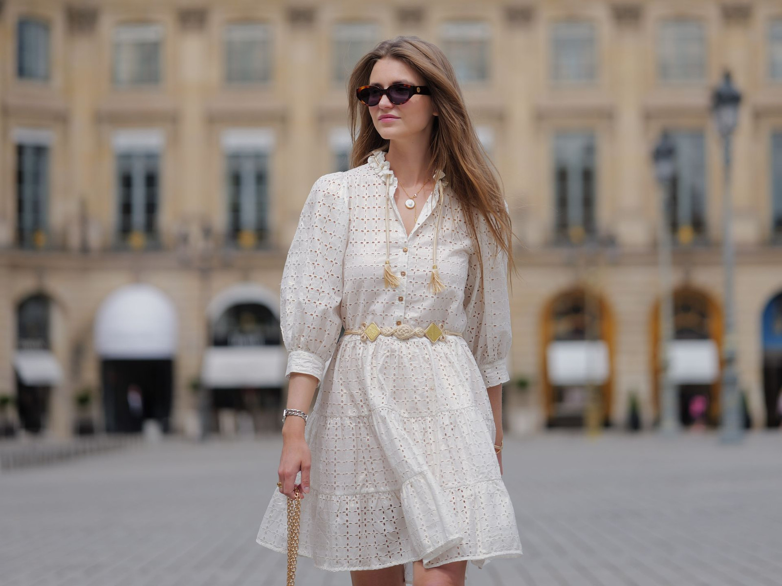 White Eyelet Dress with Ruffled Neckline and Woven Belt — French Girl Outfits 2027